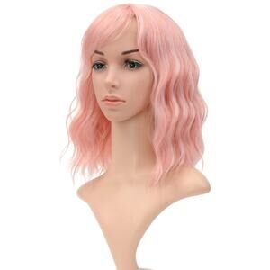 Women's Short Lovely Pink Wigs Curly Wavy Shoulder Length Pastel Bob
